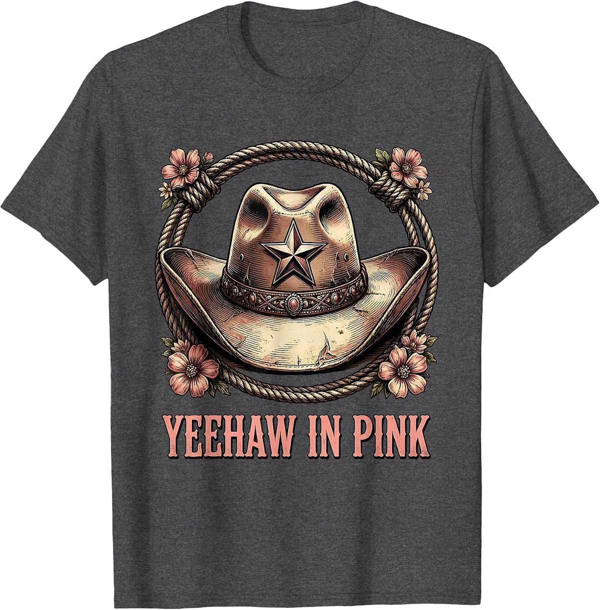 Yeehaw Pink Cowgirl Western Design T-Shirt - Dark Heather Grey