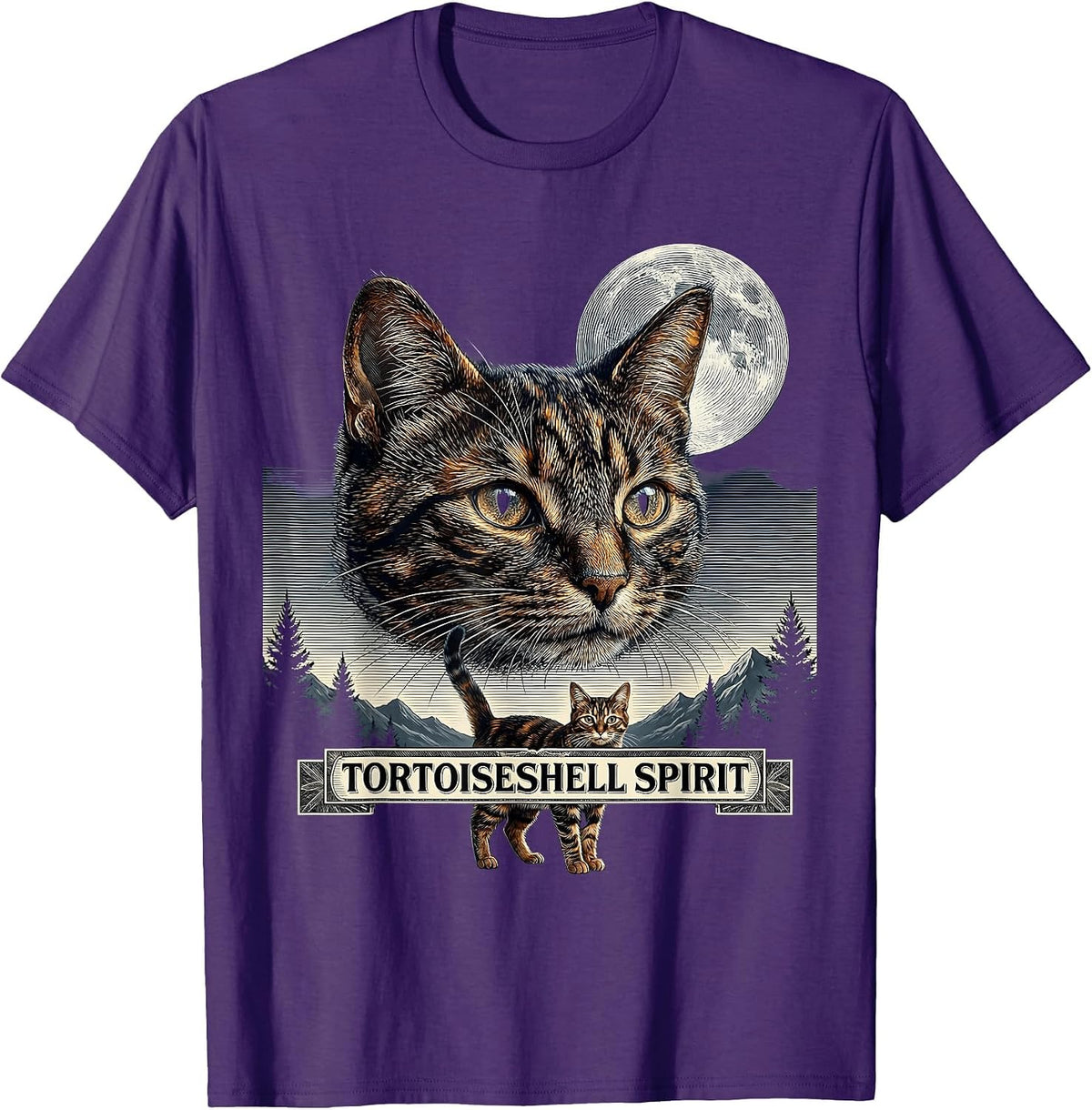 Tortoiseshell Spirit Crosshatch Etching 90s Retro Cat Art T-Shirt - Purple