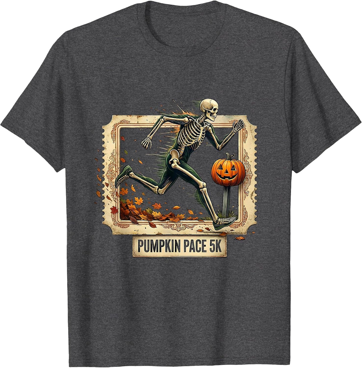 Pumpkin Pace 5K Vintage Skeleton Runner Halloween Fun Run T-Shirt - Dark Heather Grey
