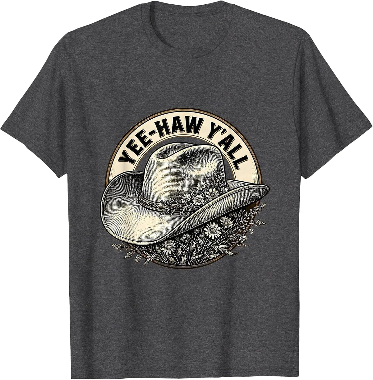 Yee-Haw Y'all Cowboy Western Graphic Design T-Shirt - Dark Heather Grey