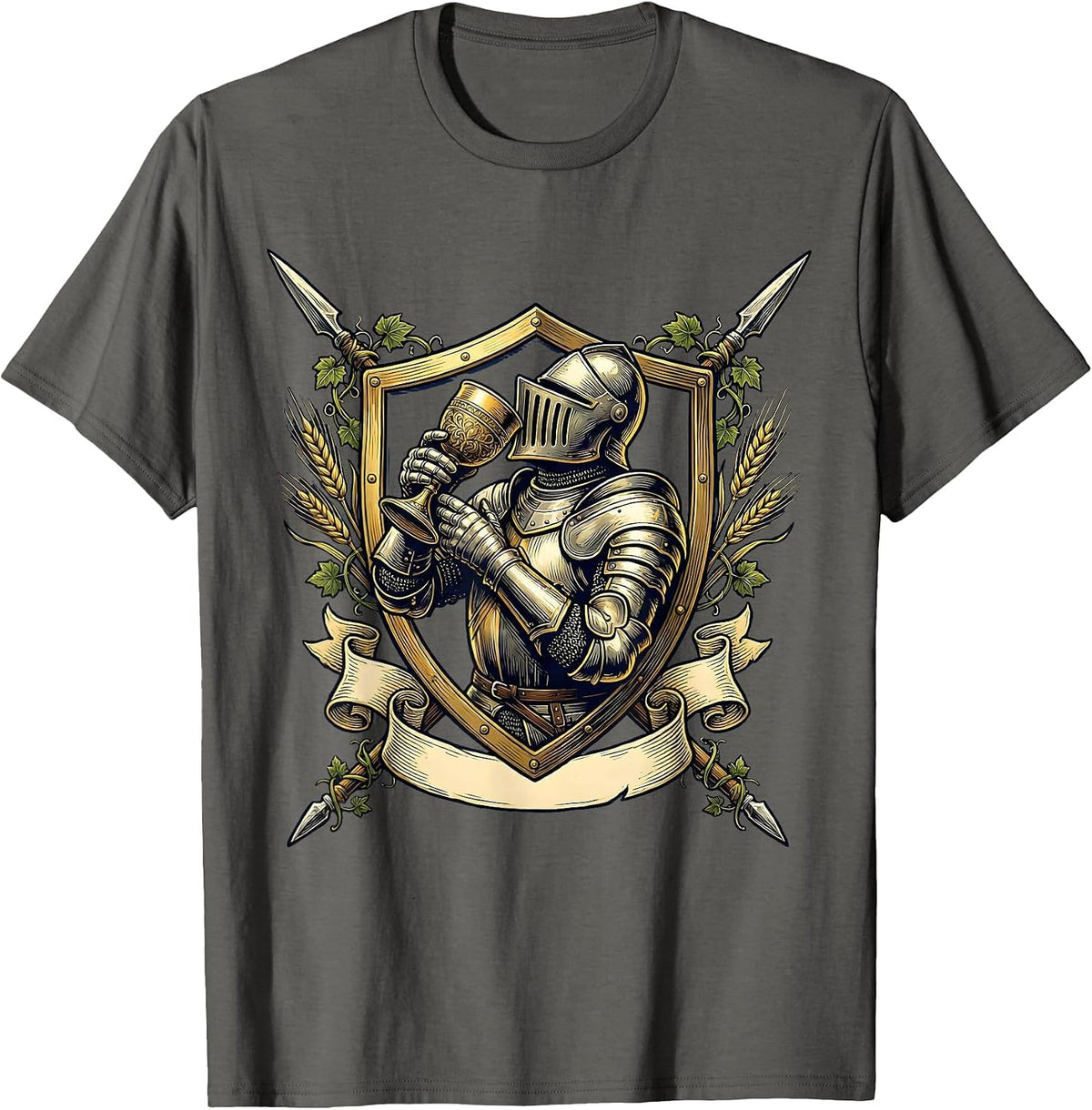 Men's Medieval Knight Beer Goblet Illustration T-Shirt - Asphalt Grey