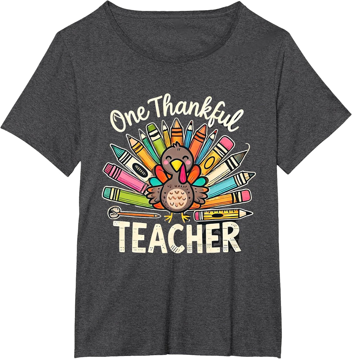 One Thankful Teacher Cute Thanksgiving Turkey School T-Shirt - Dark Heather Grey