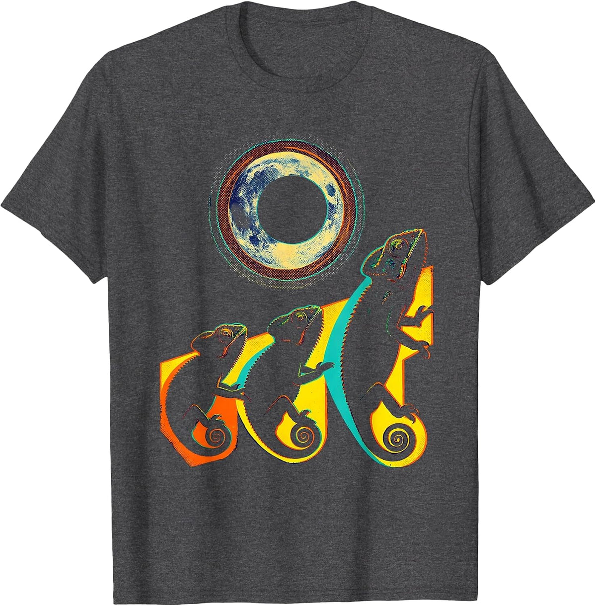 Three Chameleons Gaze at Moon Risograph Meme Parody T-Shirt - Dark Heather Grey