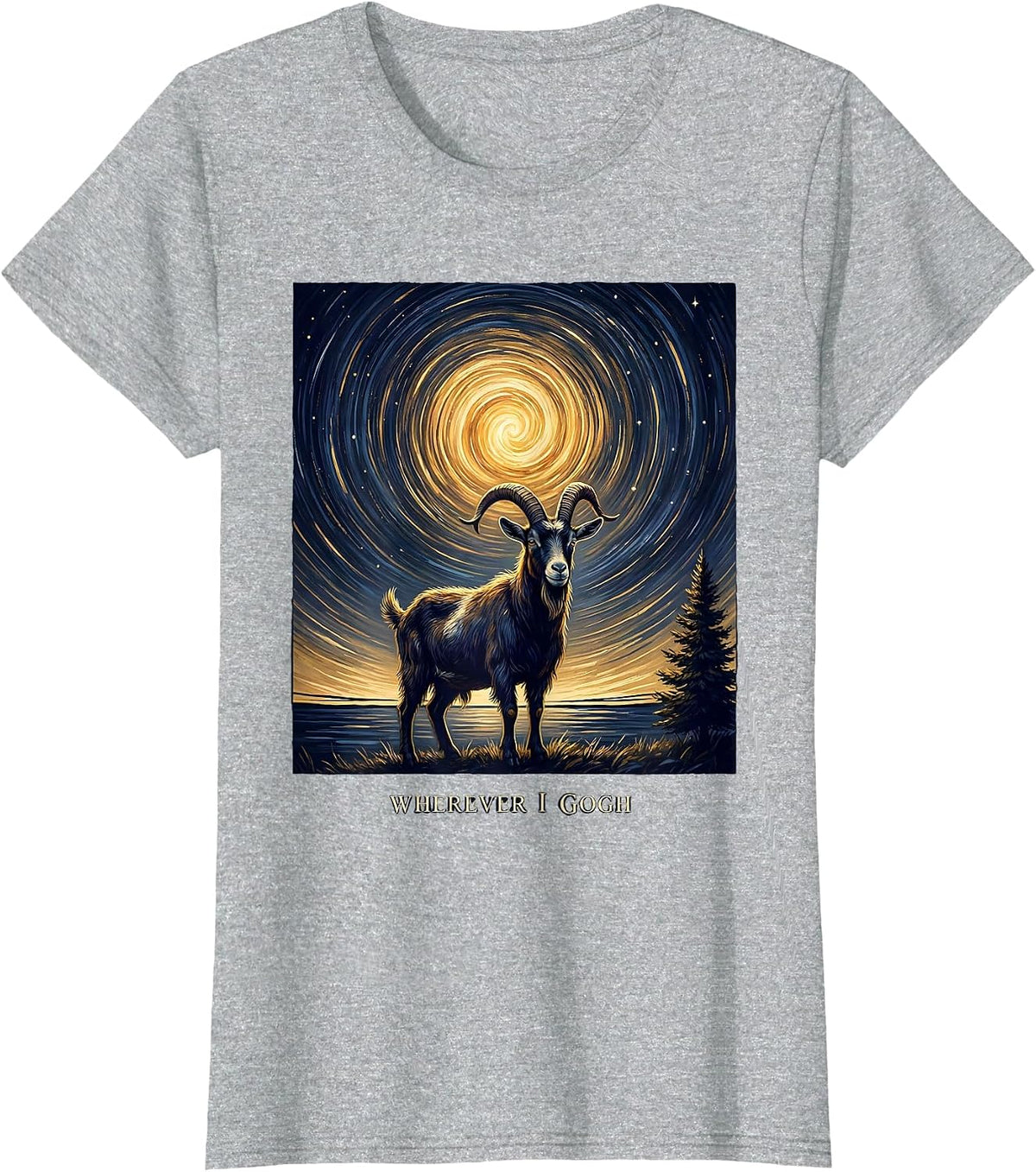 Wherever I Gogh Whimsical Van Gogh Starry Night Art Animal T-Shirt - Heather Grey