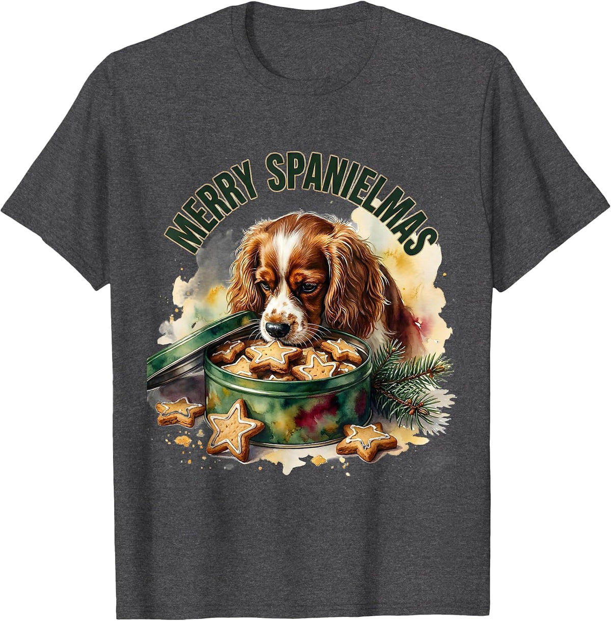 Men's Merry Spanielmas Watercolor Christmas Dog Lover Holiday T-Shirt - Dark Heather Grey