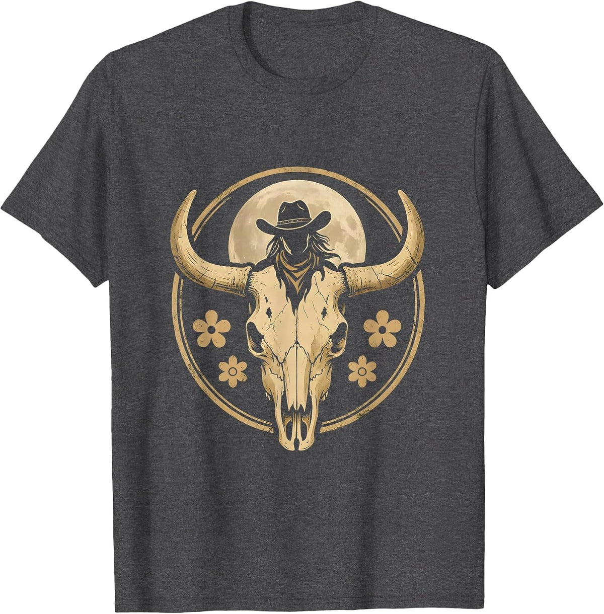 Cowgirl Silhouette Full Moon Western Graphic T-Shirt - Dark Heather Grey