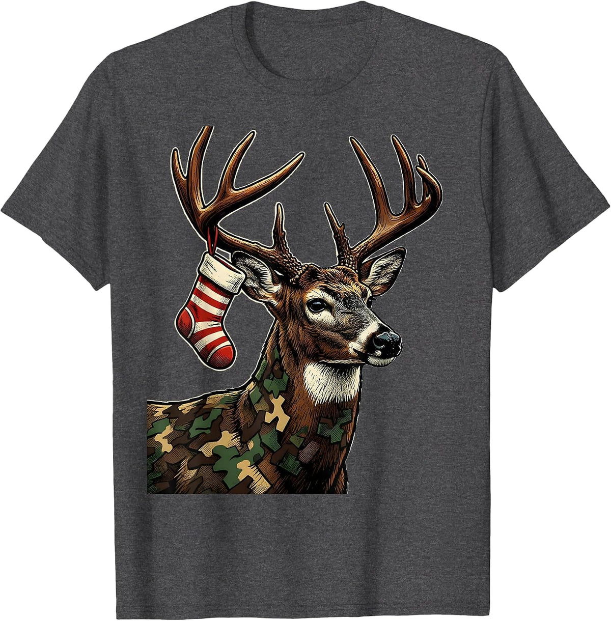 Men's Buck Shoulder Camo Christmas Hunting Party Gift T-Shirt - Dark Heather Grey