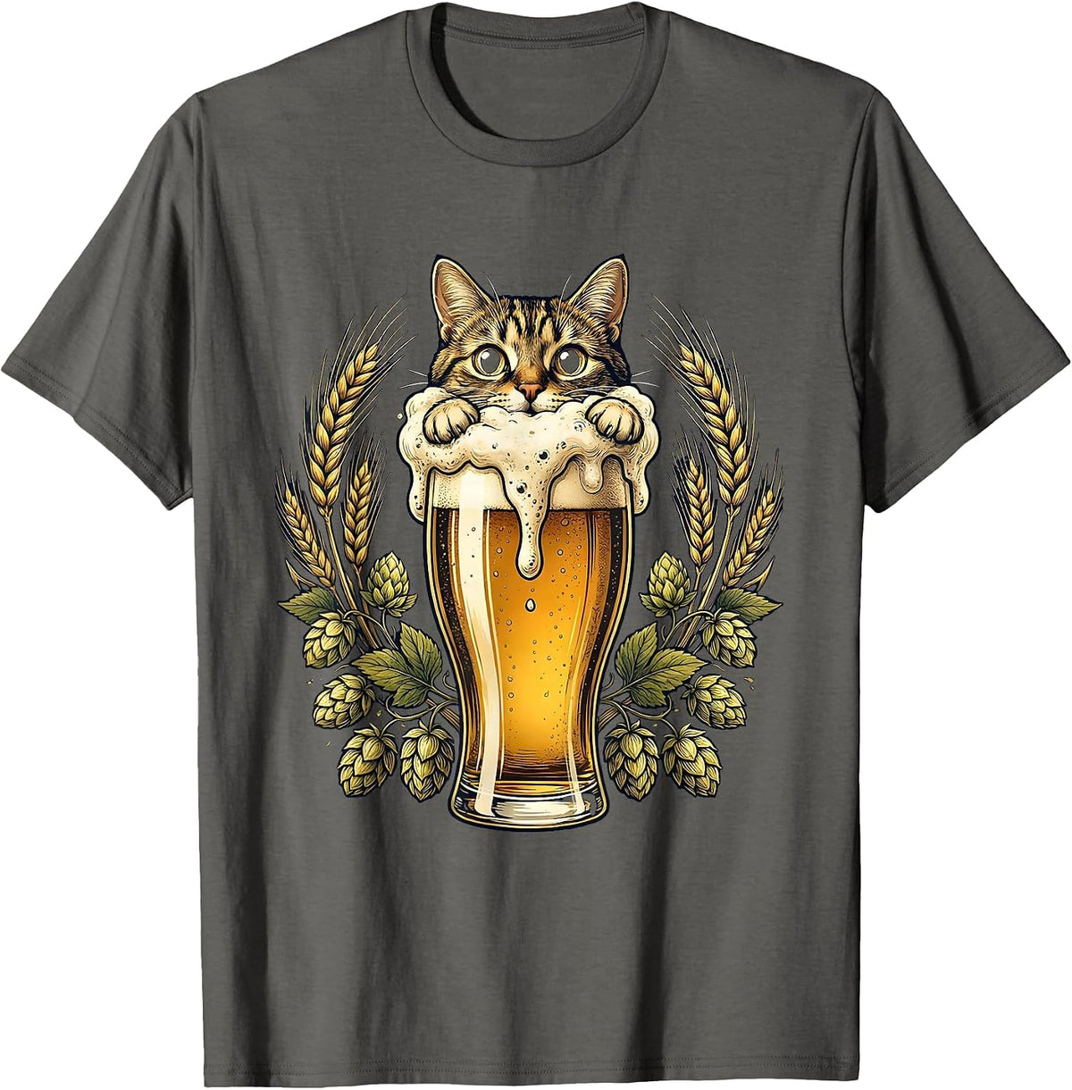 Curious Cat Peeking Over Beer Glass Illustration T-Shirt - Asphalt Grey