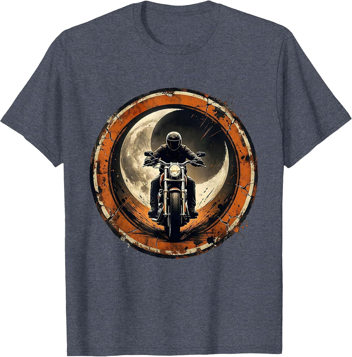 Biker Silhouette Crescent Moon Motorcycle Rider T-Shirt - Heather Blue
