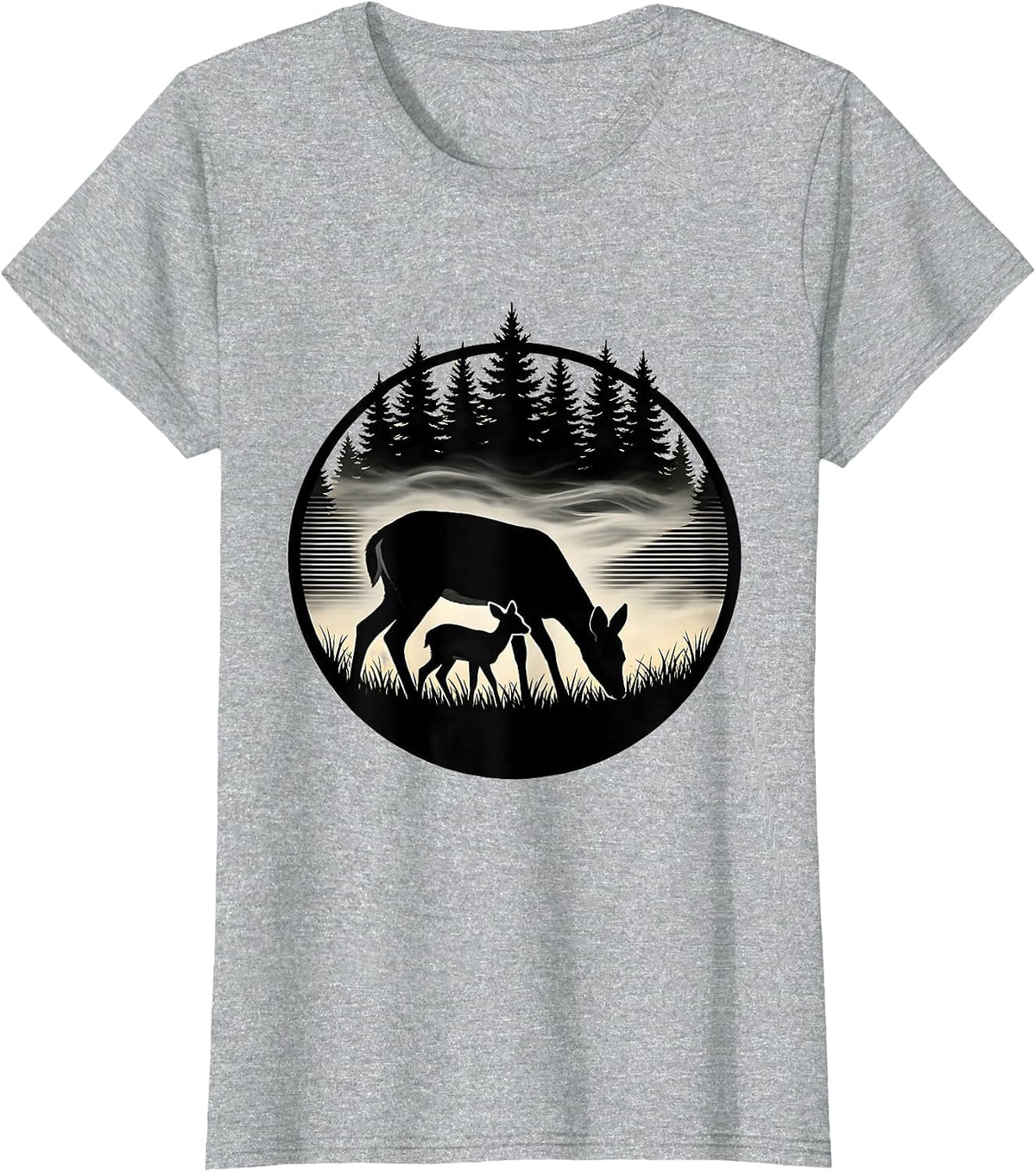 Women's Doe and Fawn Grazing in Meadow Fog Hunting T-Shirt - Heather Grey