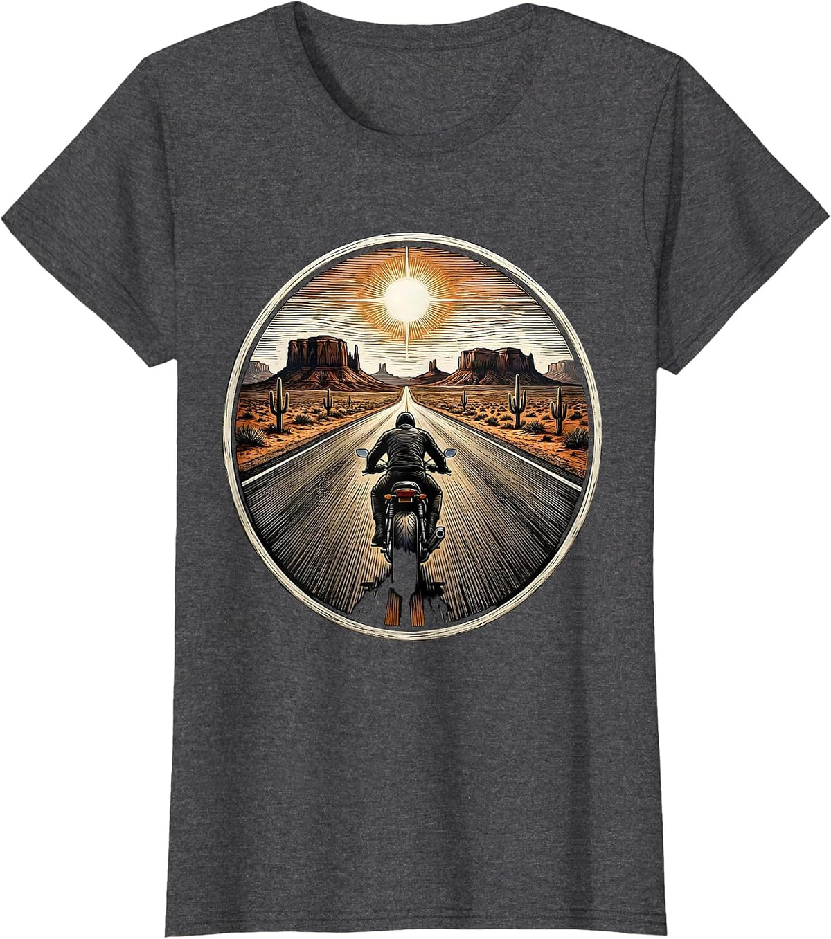 Women's Lone Biker Desert Highway Motorcycle Graphic T-Shirt - Dark Heather Grey