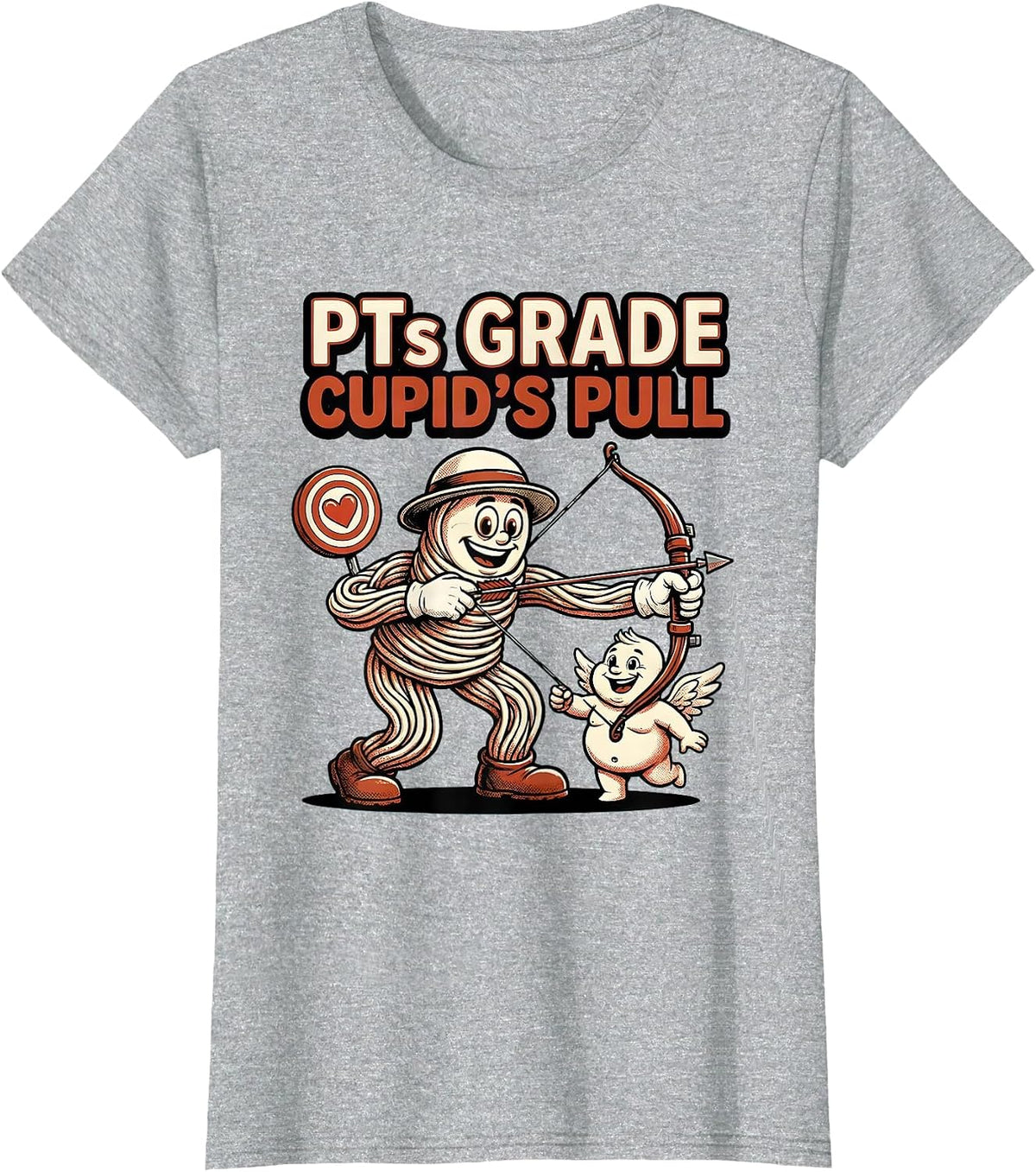 Women's PTs Grade Cupid's Pull Retro Cartoon Physical Therapist T-Shirt - Heather Grey