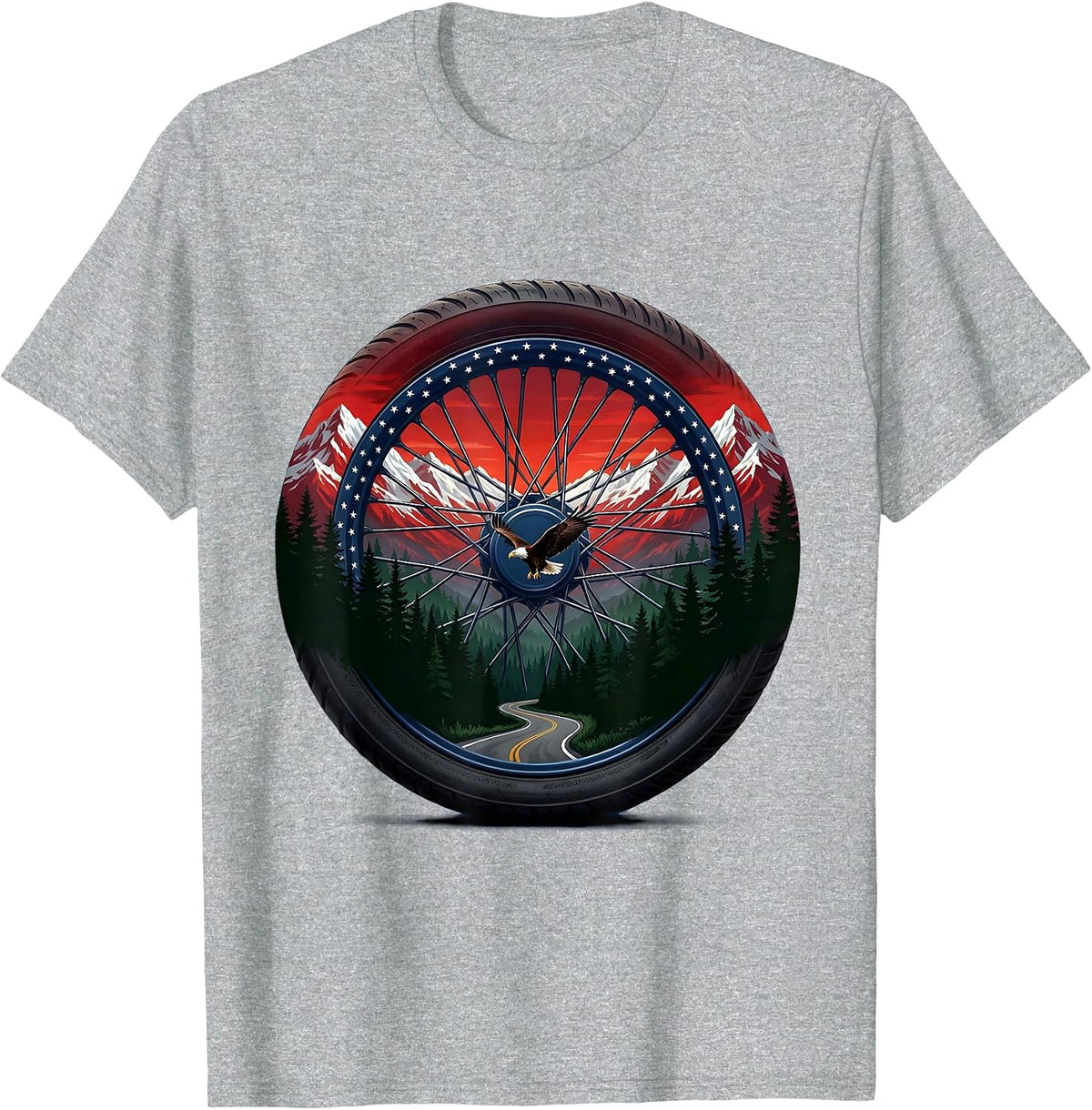 Men's American Flag Motorcycle Wheel Spinning Road T-Shirt - Heather Grey
