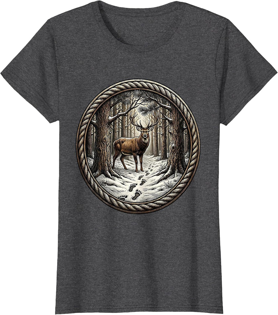 Women's Deer Tracks in Snow Camo Hunting Design T-Shirt - Dark Heather Grey
