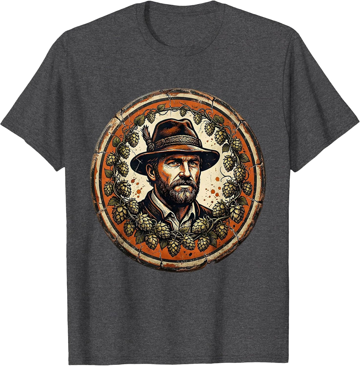 Oktoberfest Alpine Hat Hops Vines Illustration T-Shirt - Dark Heather Grey
