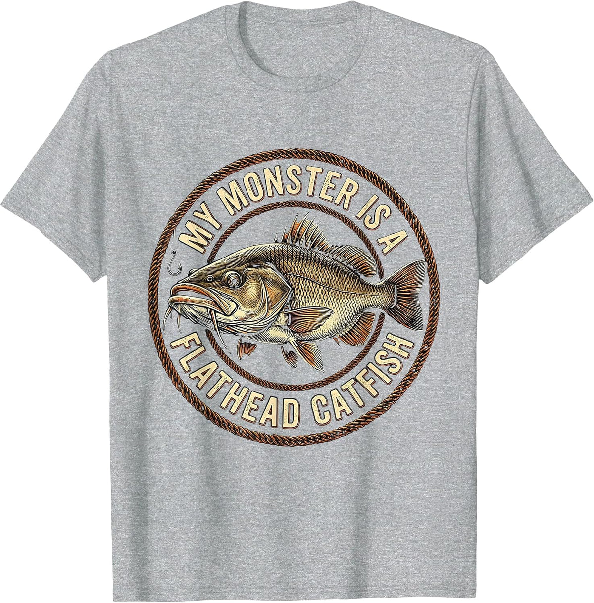 Men's My Monster Is A Flathead Catfish Funny Halloween Fishing T-Shirt - Heather Grey