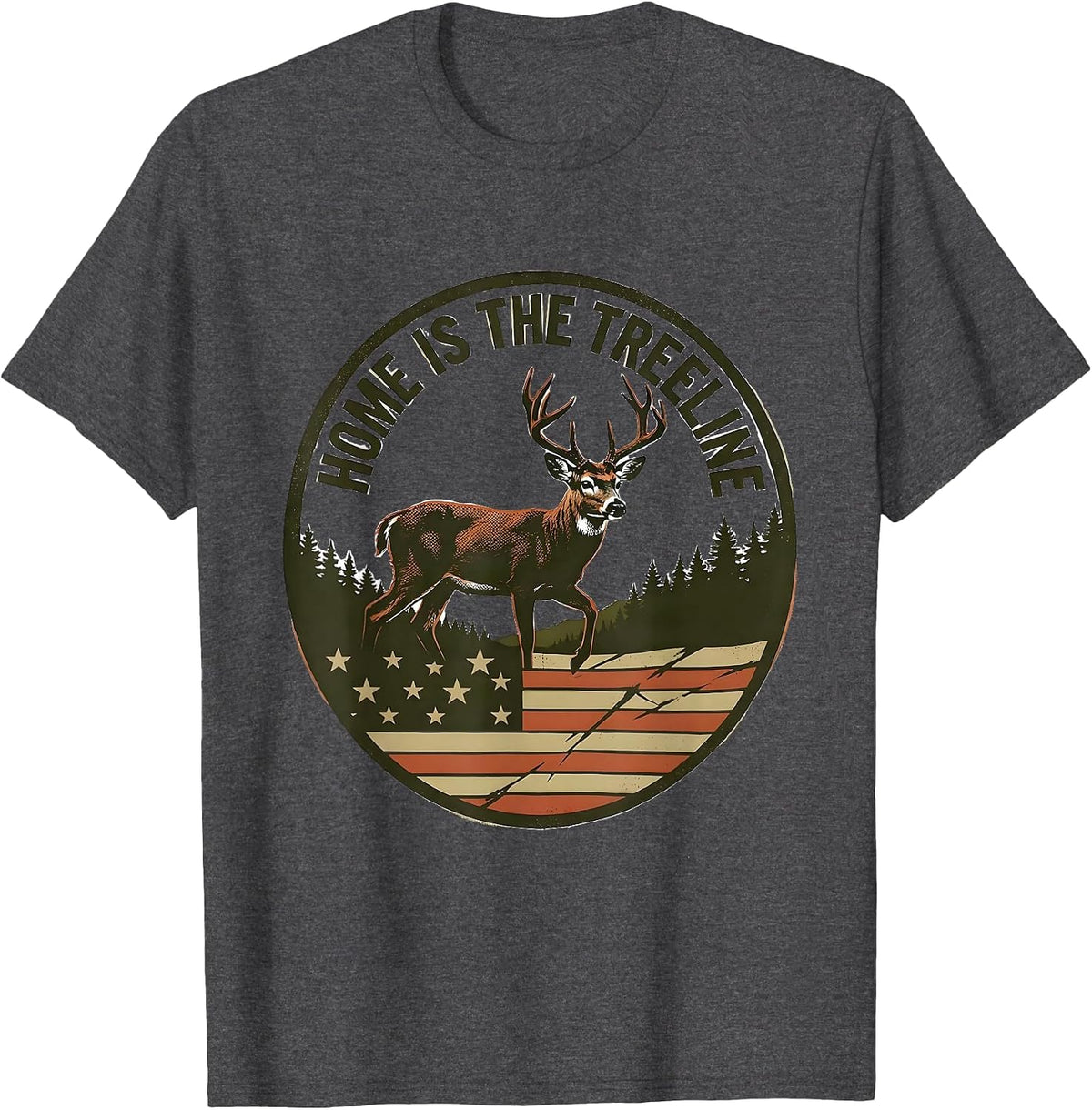 Men's Home Is The Treeline Screenprint Poster Whitetail Buck Deer T-Shirt - Dark Heather Grey