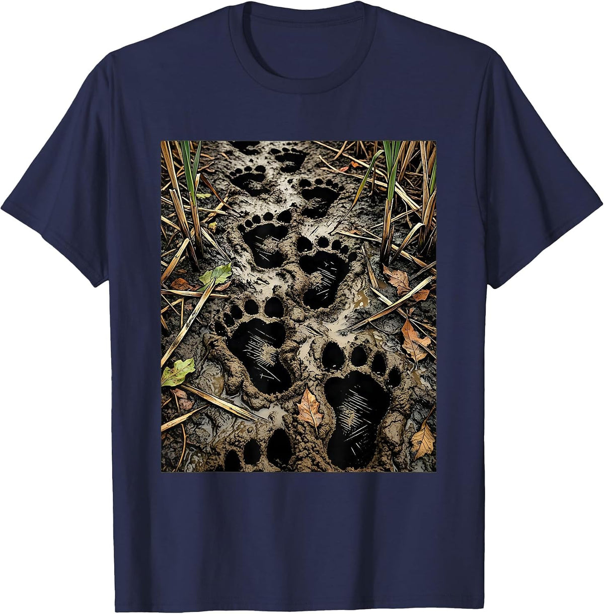 Bottomland Camo Whitetail Deer Tracks Design T-Shirt - Navy Blue