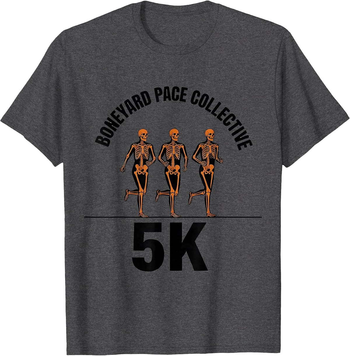 Boneyard Pace Collective 5K Funny Skeleton Runner Halloween T-Shirt - Dark Heather Grey