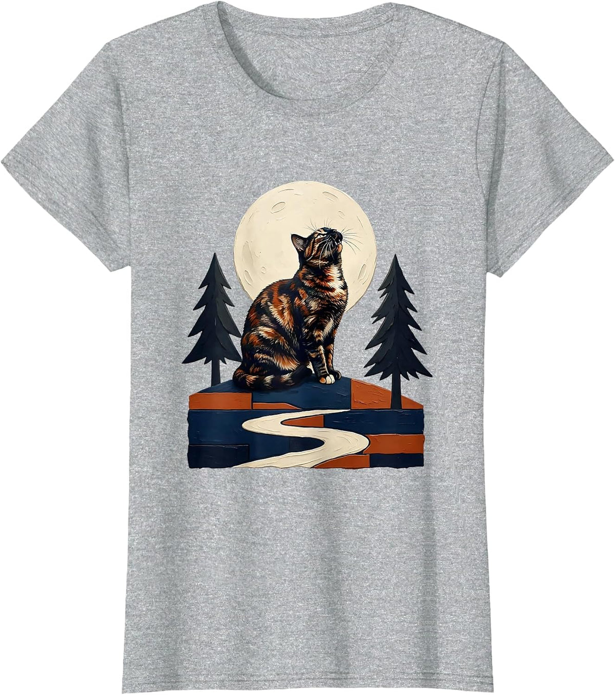Women's Tortoiseshell Cat Howling at Moon Storybook Fantasy T-Shirt - Heather Grey