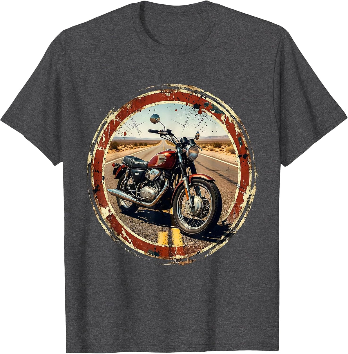 Freedom Red Vintage Motorcycle Highway Graphic T-Shirt - Dark Heather Grey