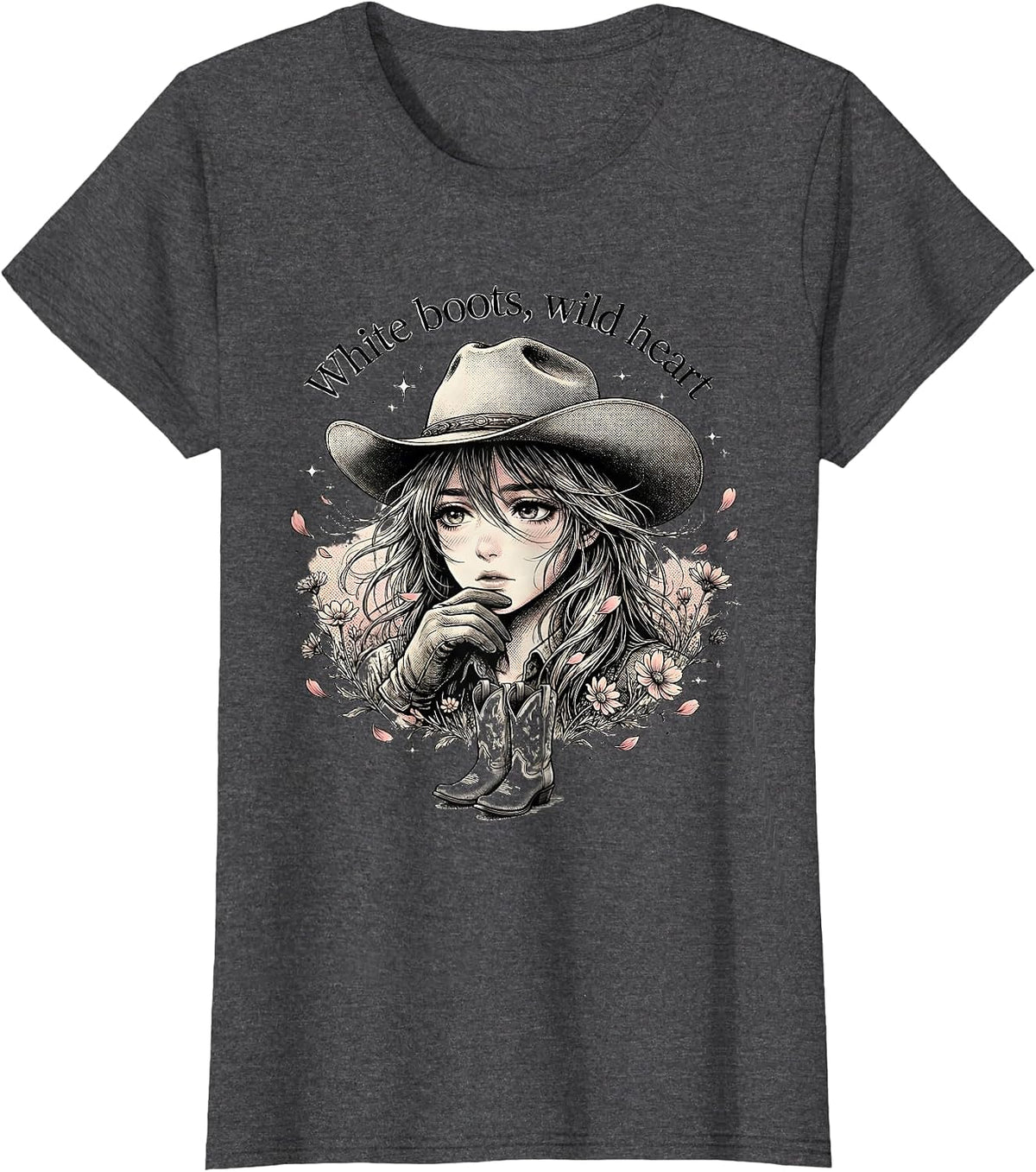 Women's White Boots Wild Heart Cowgirl Design T-Shirt - Dark Heather Grey