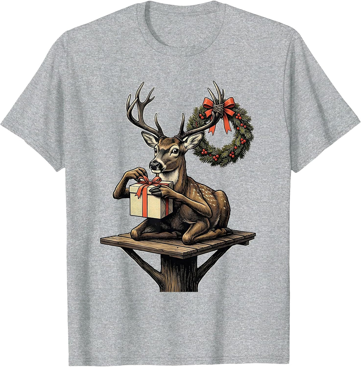 Men's Deer Hunter Gift Midcentury Modern Christmas T-Shirt - Heather Grey