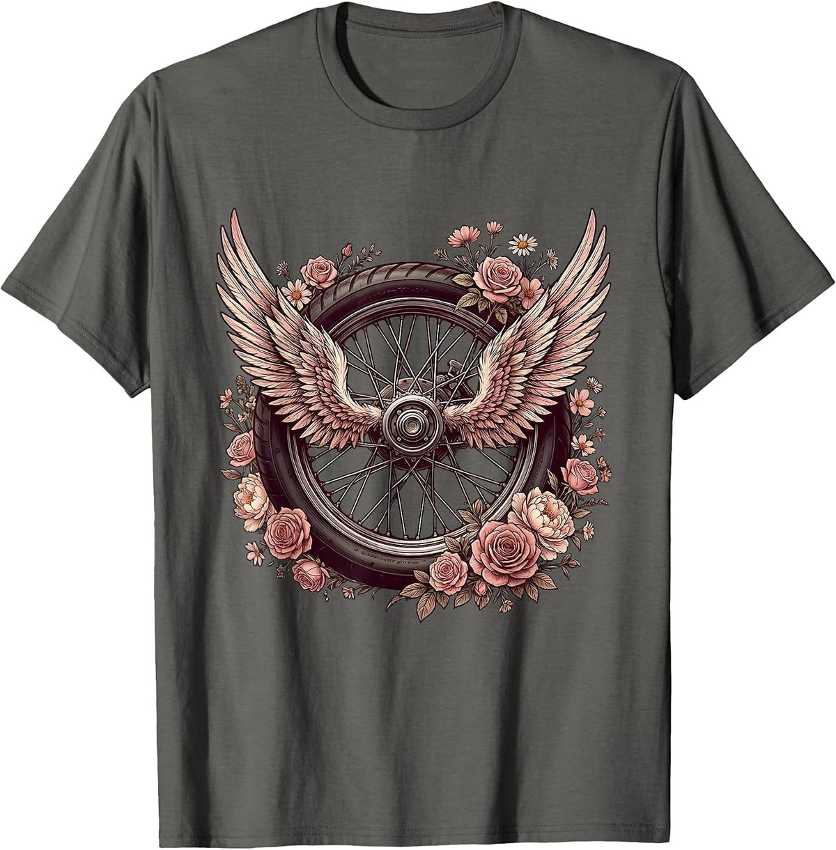 Men's Winged Motorcycle Wheel Floral Biker Design T-Shirt - Asphalt Grey