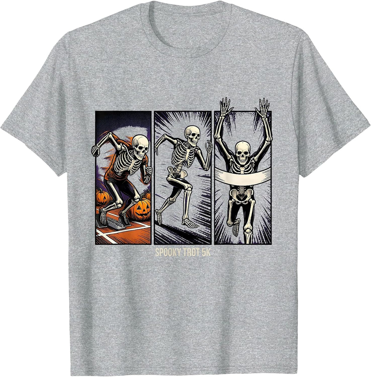 Men's Spooky Trot 5K Comic Book Skeleton Runner Halloween Fun Run T-Shirt - Heather Grey