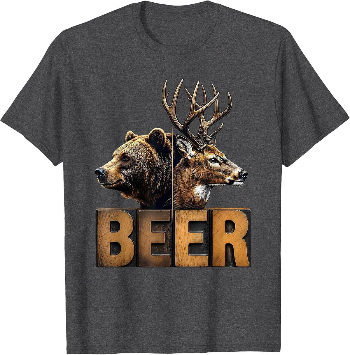 Men's BEER Vintage Bear Deer Funny Outdoor Camping Hunting T-Shirt - Dark Heather Grey
