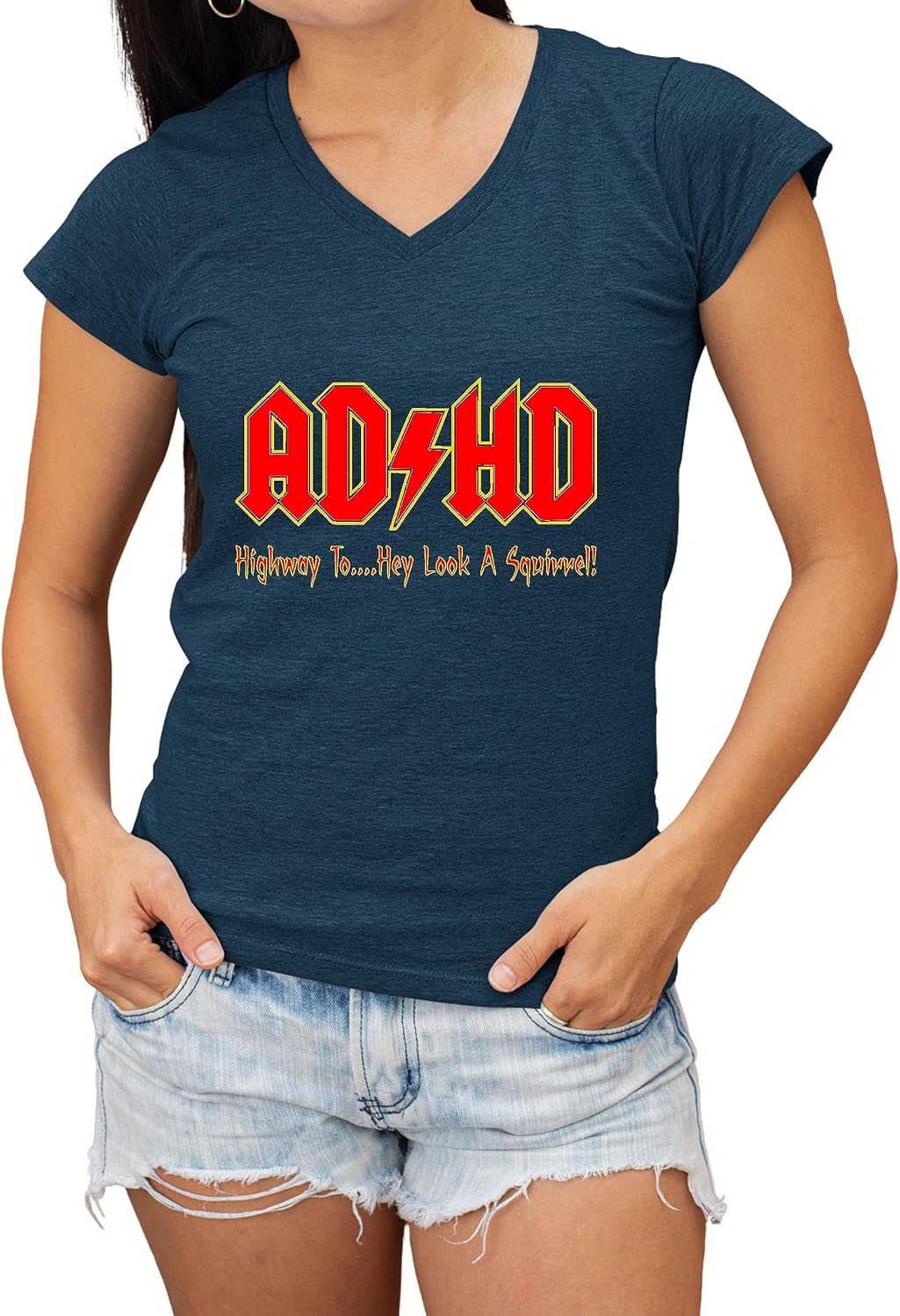 Go All Out ADHD Highway to Hey Look A Squirrel Funny Music Women V Neck T-Shirt - Navy Blue