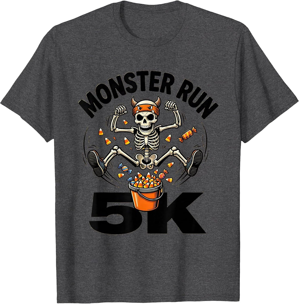Men's Monster Run 5K Cartoon Skeleton Runner Halloween Fun Run T-Shirt - Dark Heather Grey