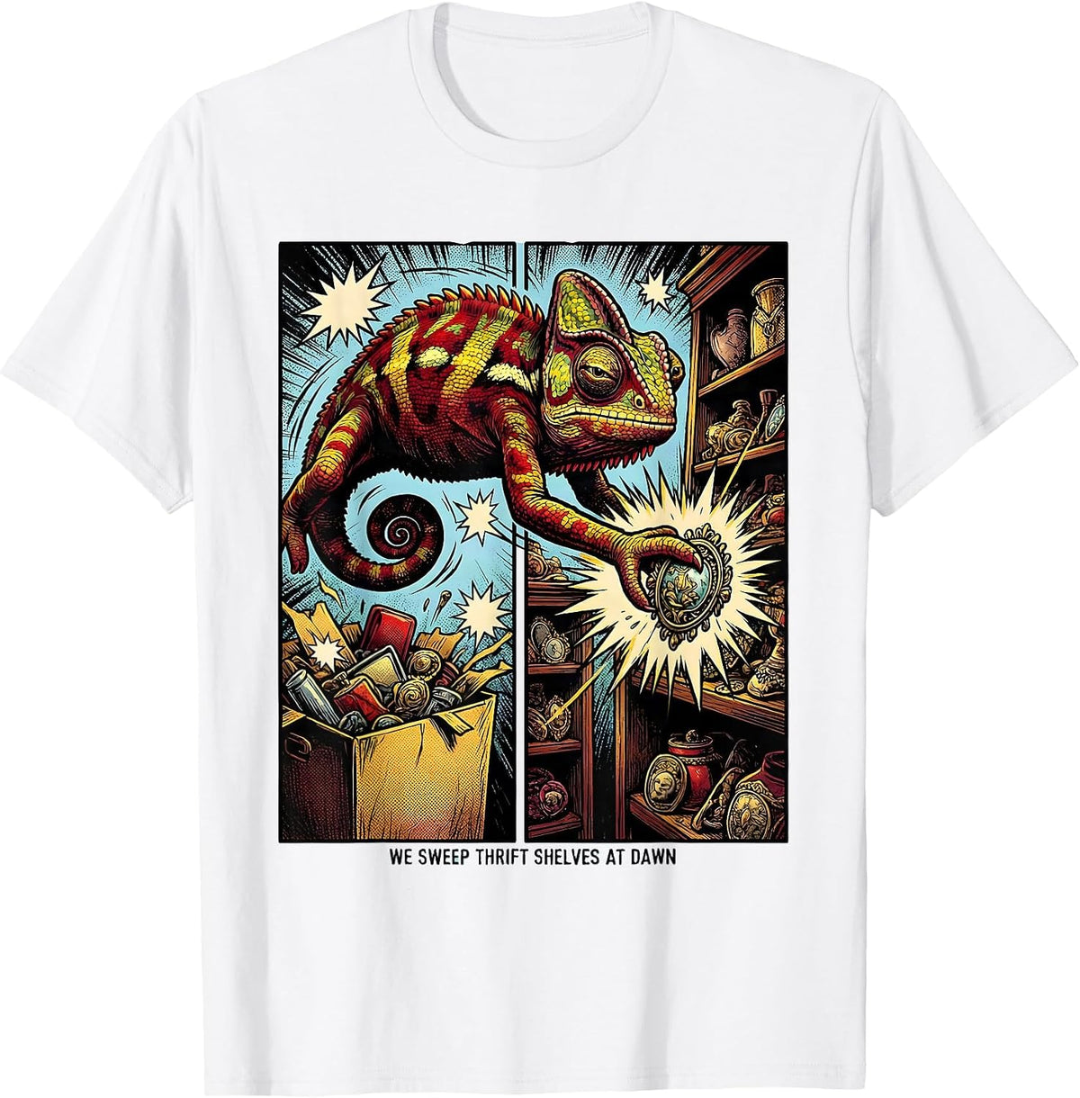 Men's We Sweep Thrift Shelves At Dawn Comic Book Vintage Thrift T-Shirt - White