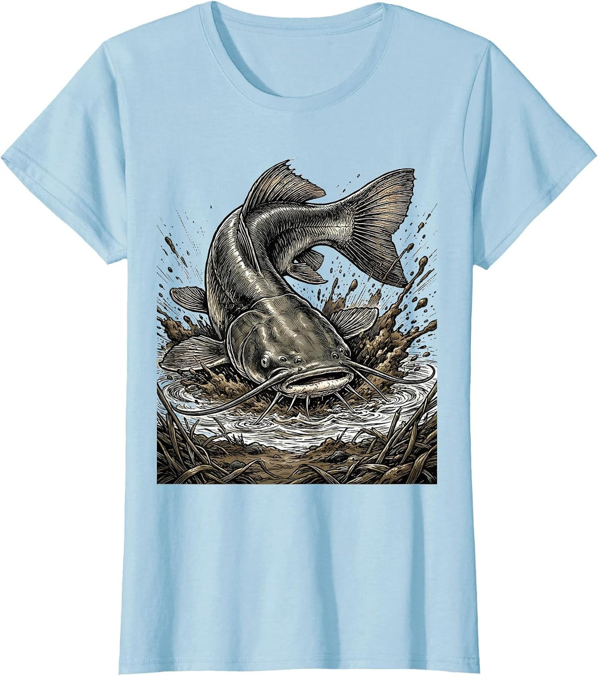 Catfish Muddy River Bank Fishing Graphic T-Shirt - Baby Blue