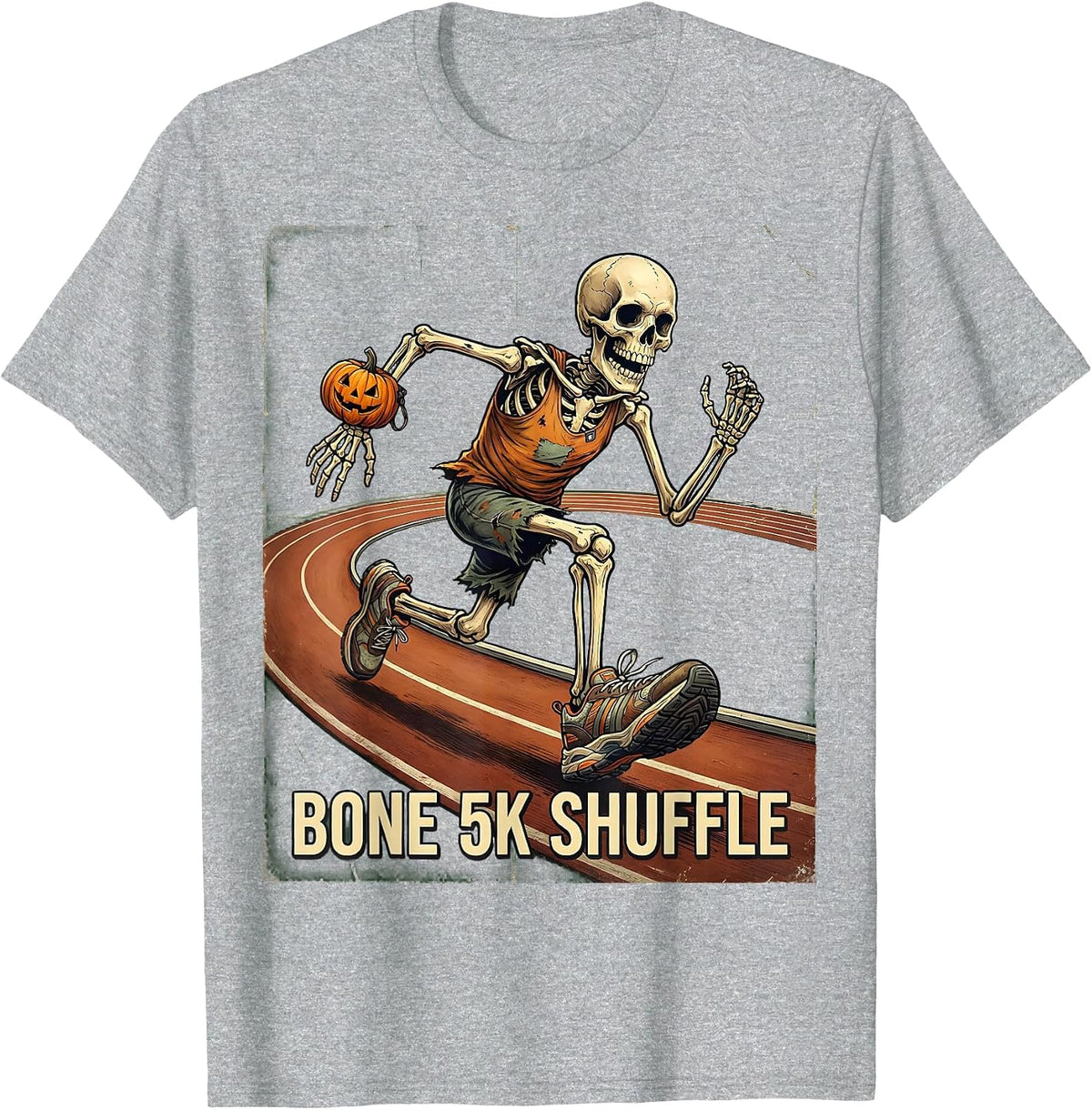 Men's Bone 5K Shuffle Vintage Skeleton Halloween Fun Run Race Day T-Shirt - Heather Grey