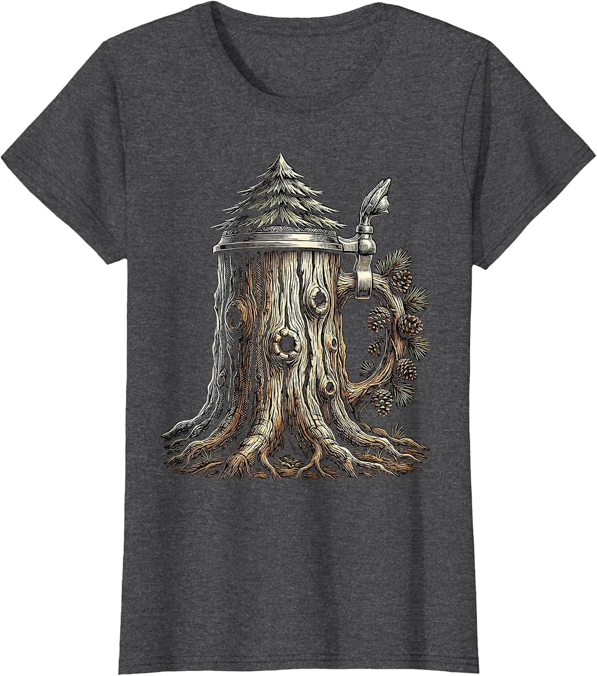 Women's Pine Tree Stein Oktoberfest Graphic T-Shirt - Dark Heather Grey