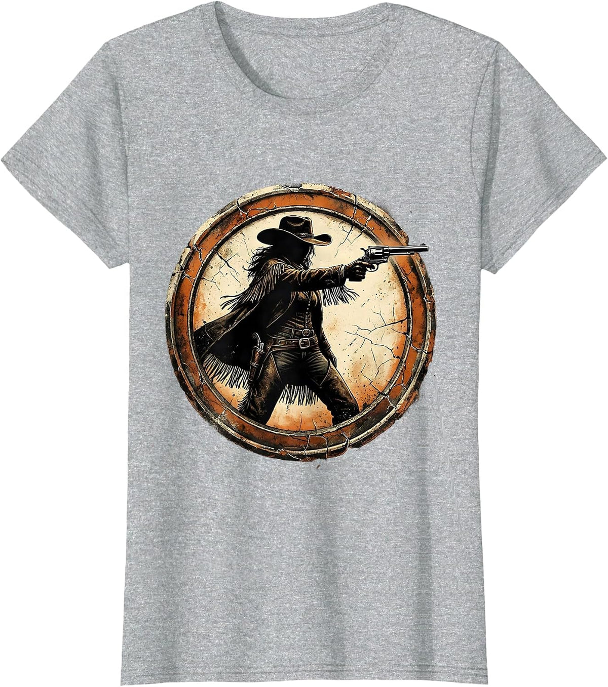 White Cowgirl Drawing Revolver Wide Stance T-Shirt - Heather Grey