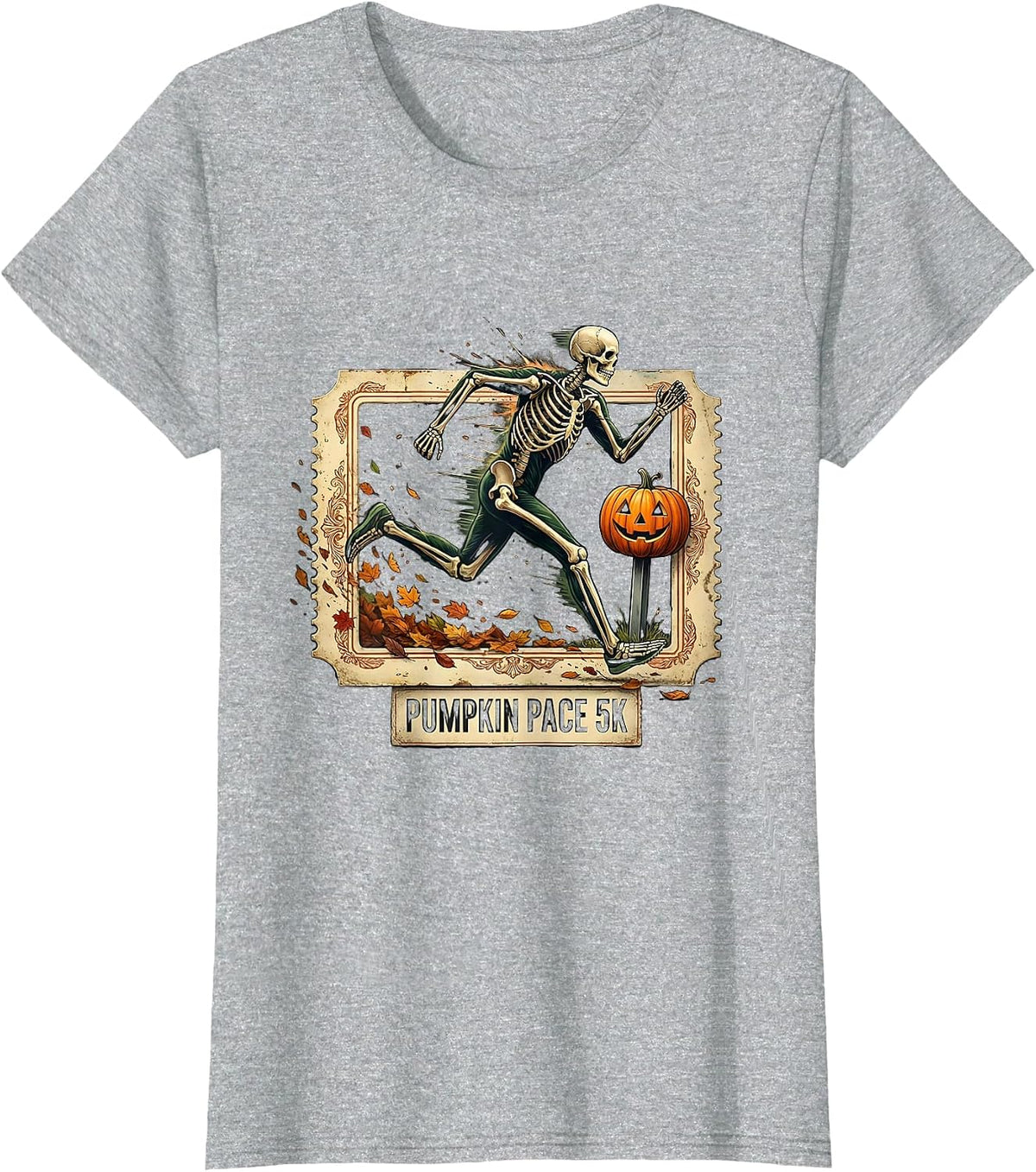 Pumpkin Pace 5K Vintage Skeleton Runner Halloween Fun Run T-Shirt - Heather Grey