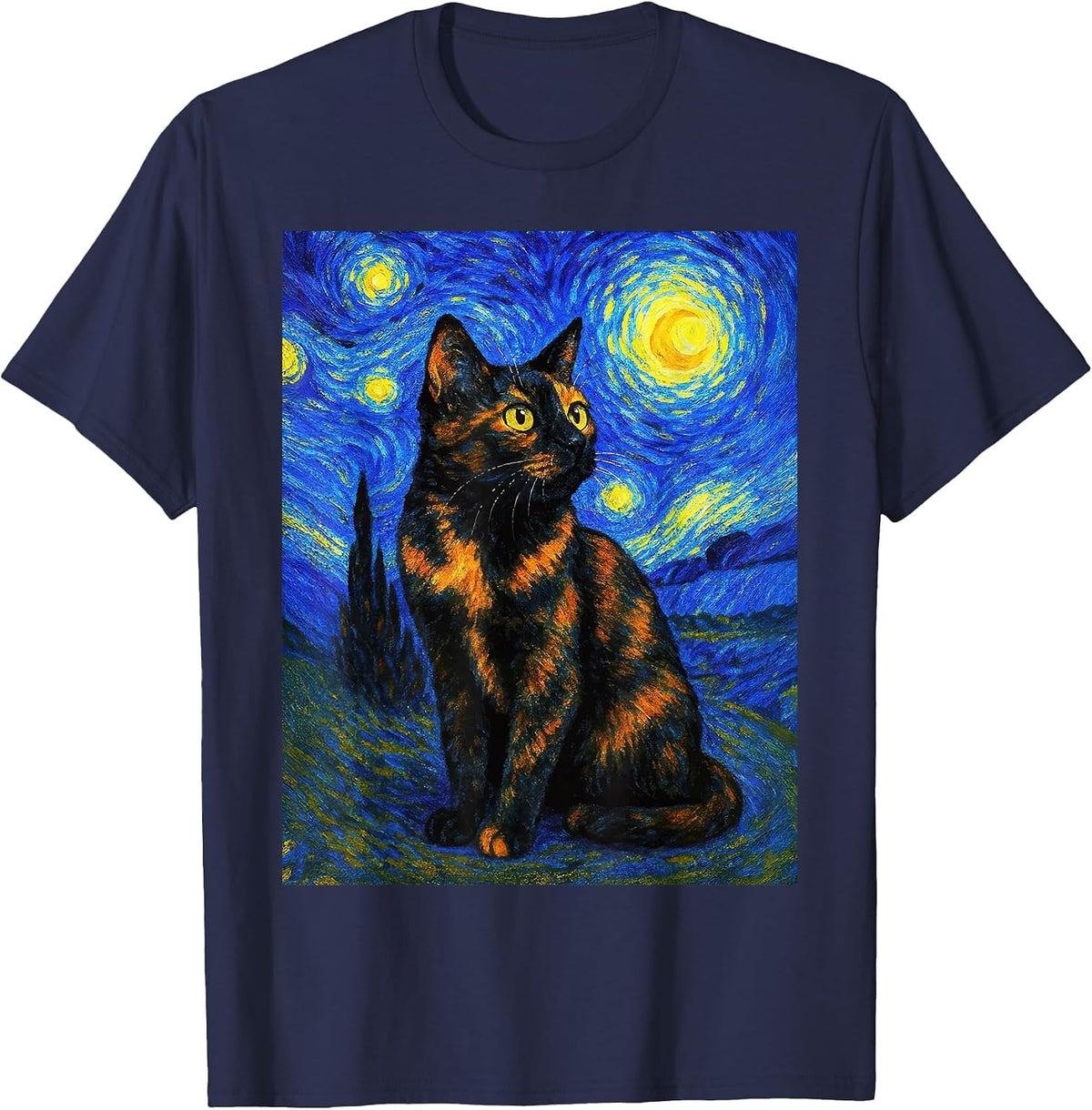 Tortoiseshell Cat Starry Night Van Gogh T-Shirt - Navy Blue
