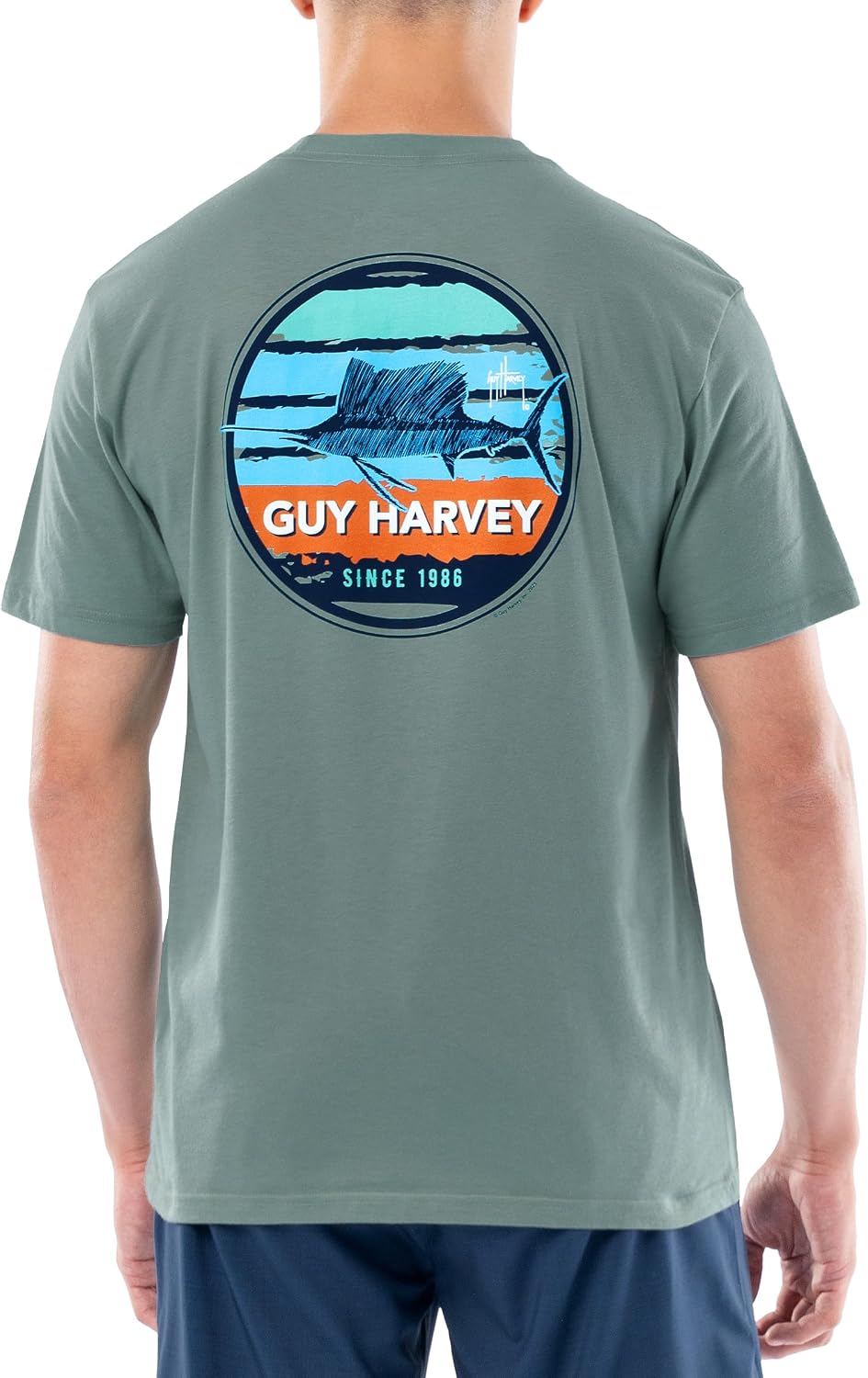 Guy Harvey Men’s Short Sleeve Lightweight Cotton Graphic Pocket T-Shirt - Blue Surf\/Circle Stripes