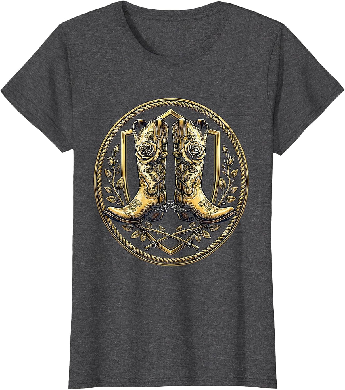 Women's Cowboy Boots Spurs and Roses Western Graphic T-Shirt - Dark Heather Grey