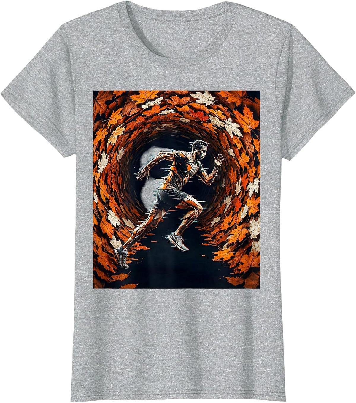 Runner Silhouette Autumn Leaf Tunnel Graphic T-Shirt - Heather Grey