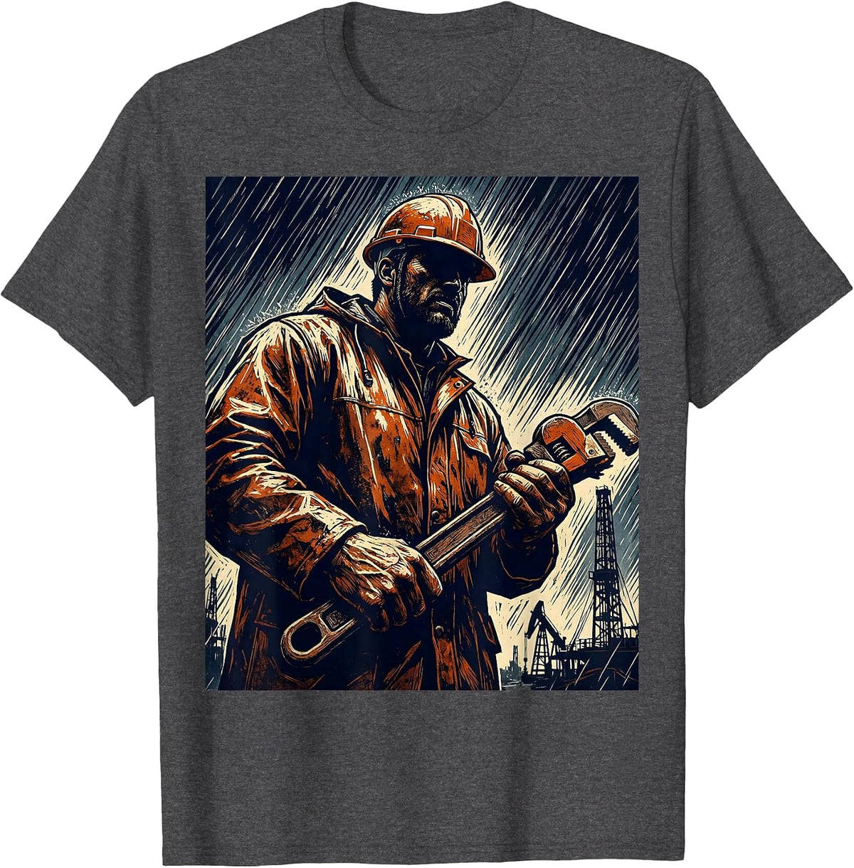 Oil Rig Worker in Hard Rain Graphic Tee T-Shirt - Dark Heather Grey