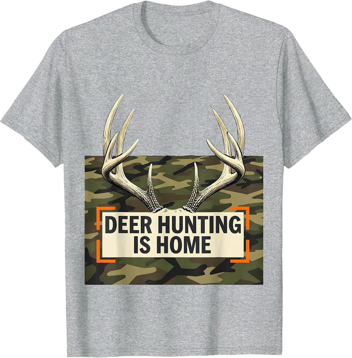 Men's Deer Hunting Is Home Stencil Graphic Camo Dad Humor T-Shirt - Heather Grey