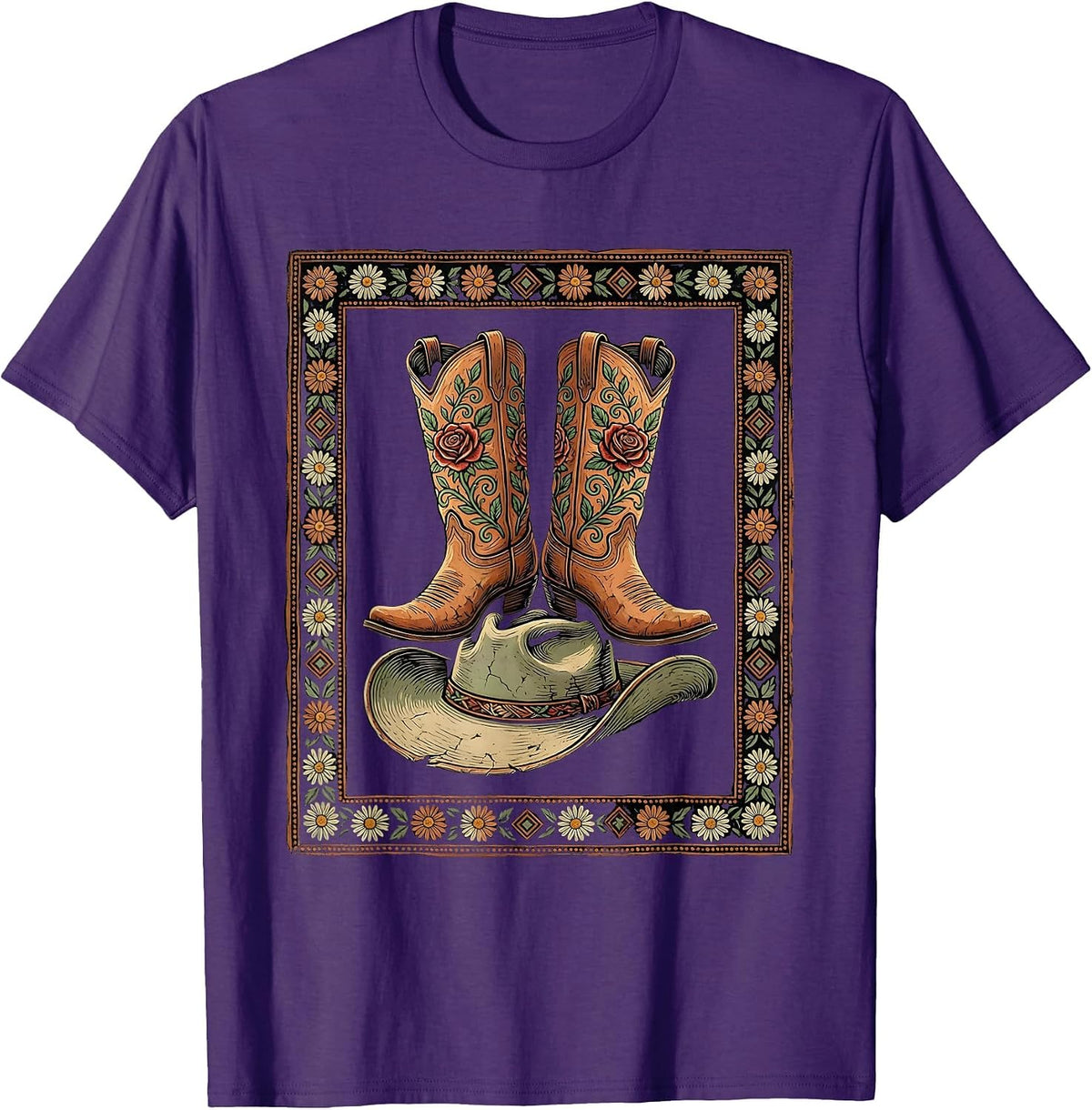 Cowgirl Boots Stomping Cowboy Hat Western Art T-Shirt - Purple