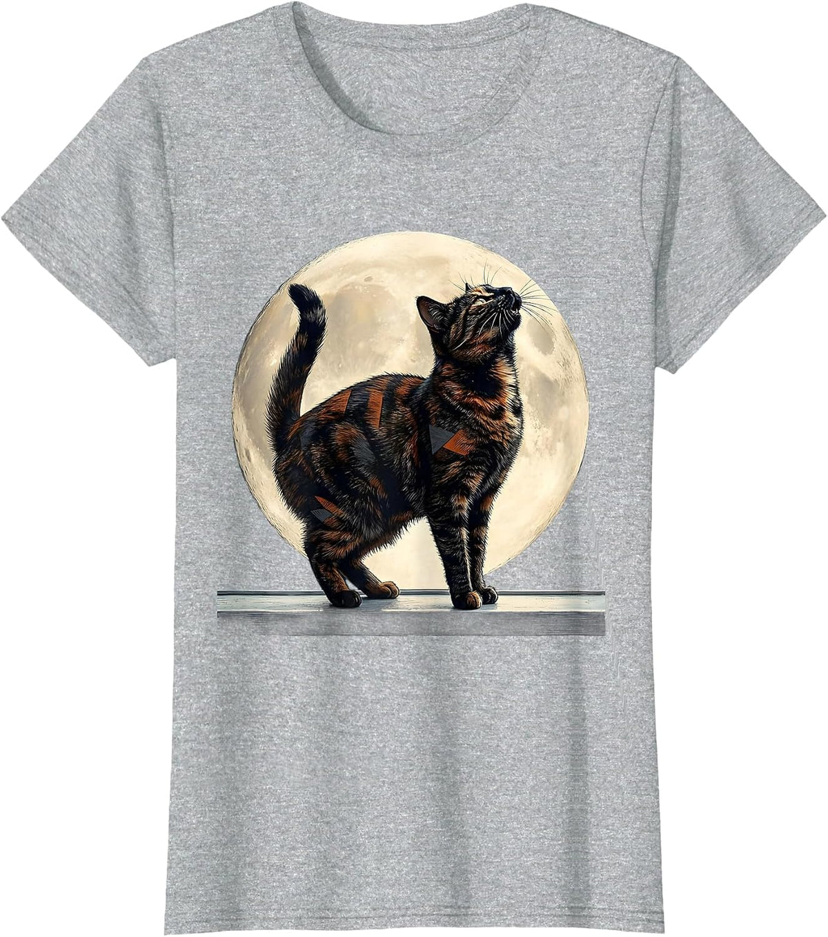 Women's Tortoiseshell Cat Howling at Moon 90's Retro Novelty T-Shirt - Heather Grey