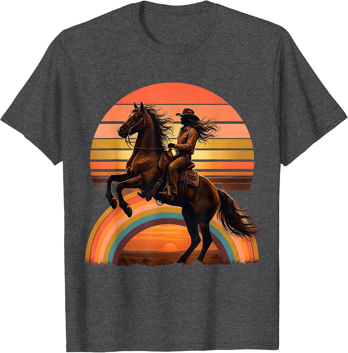 Cowgirl Riding Rearing Stallion Western Art T-Shirt - Dark Heather Grey