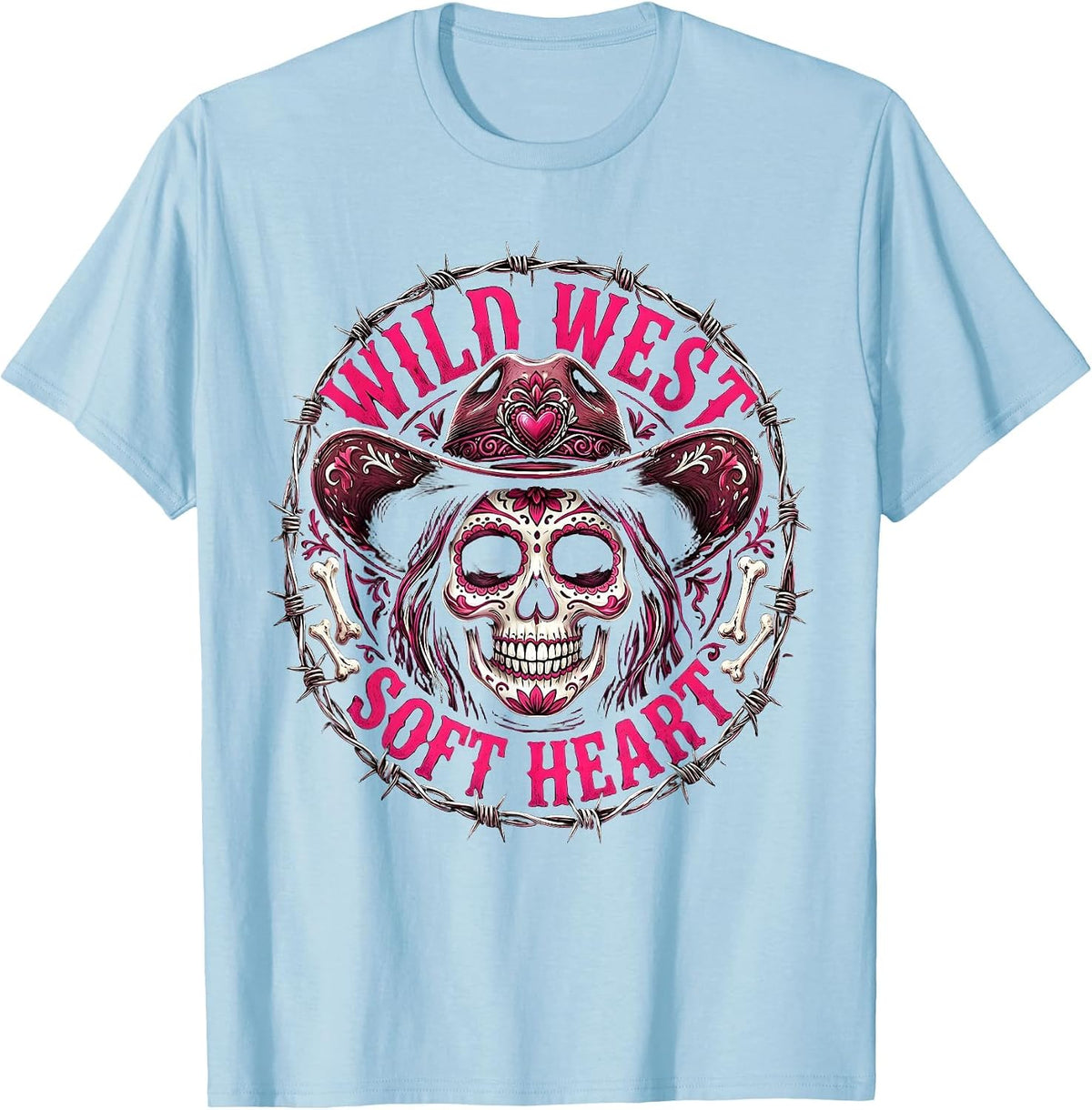 Men's Wild West Soft Heart Pink Cowgirl Design T-Shirt - Baby Blue