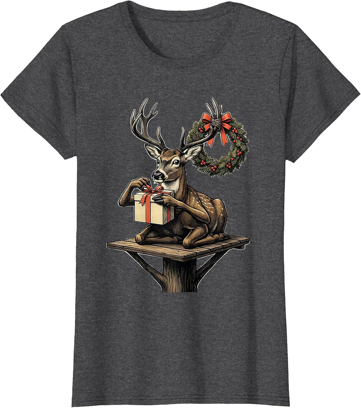 Women's Deer Hunter Gift Midcentury Modern Christmas T-Shirt - Dark Heather Grey