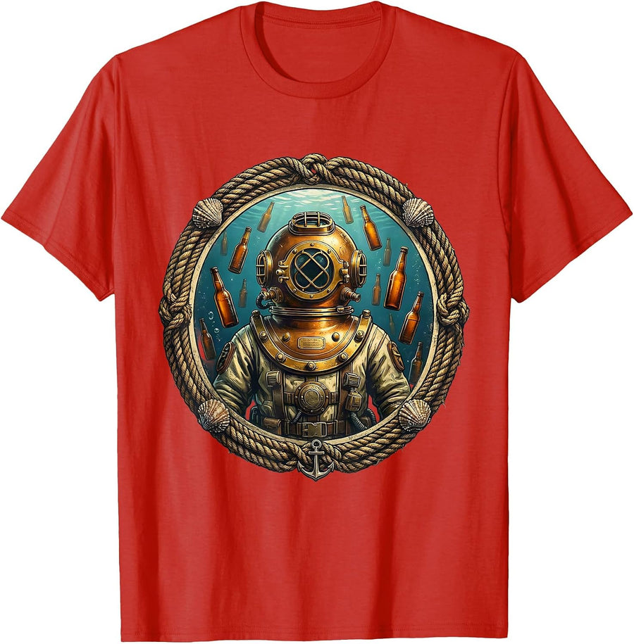 Men's Deep Sea Diver Beer Bottles Underwater Graphic T-Shirt - Red